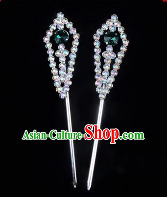 Chinese Ancient Peking Opera Head Accessories Diva Green Crystal Pointed Temples Hairpins, Traditional Chinese Beijing Opera Princess Hua Tan Hair Clasp Head-ornaments