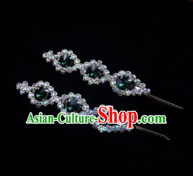 Chinese Ancient Peking Opera Head Accessories Diva Green Beads Crystal Hairpins, Traditional Chinese Beijing Opera Princess Hua Tan Hair Clasp Head-ornaments