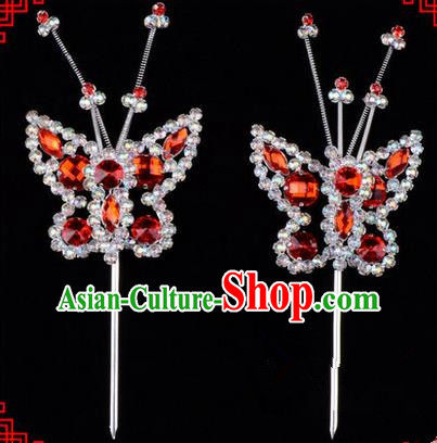 Chinese Ancient Peking Opera Head Accessories Diva Red Crystal Beads Butterfly Hairpins, Traditional Chinese Beijing Opera Princess Hua Tan Hair Clasp Head-ornaments