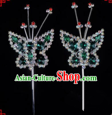 Chinese Ancient Peking Opera Head Accessories Diva Green Crystal Beads Butterfly Hairpins, Traditional Chinese Beijing Opera Princess Hua Tan Hair Clasp Head-ornaments