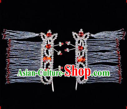 Chinese Ancient Peking Opera Hair Accessories Young Lady Diva Red Crystal Hairpins Tassel Temples Curtain, Traditional Chinese Beijing Opera Hua Tan Head Ornaments