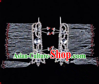 Chinese Ancient Peking Opera Hair Accessories Young Lady Diva White Crystal Hairpins Tassel Temples Curtain, Traditional Chinese Beijing Opera Hua Tan Head Ornaments