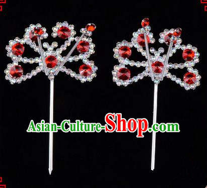 Chinese Ancient Peking Opera Hair Accessories Young Lady Diva Red Crystal Beads Hairpins, Traditional Chinese Beijing Opera Hua Tan Head Ornaments Hair Clasp