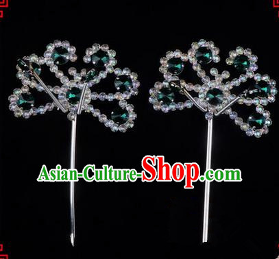 Chinese Ancient Peking Opera Hair Accessories Young Lady Diva Green Crystal Beads Hairpins, Traditional Chinese Beijing Opera Hua Tan Head Ornaments Hair Clasp