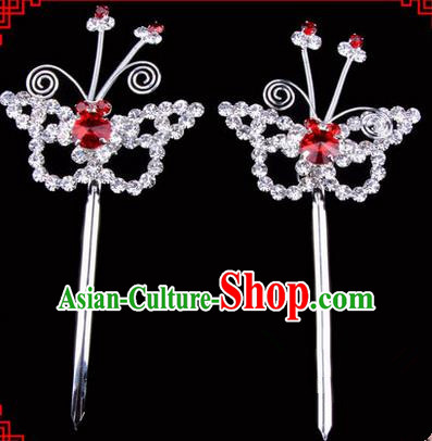 Chinese Ancient Peking Opera Head Accessories Diva Red Crystal Hairpins, Traditional Chinese Beijing Opera Princess Hua Tan Butterfly Hair Clasp Head-ornaments