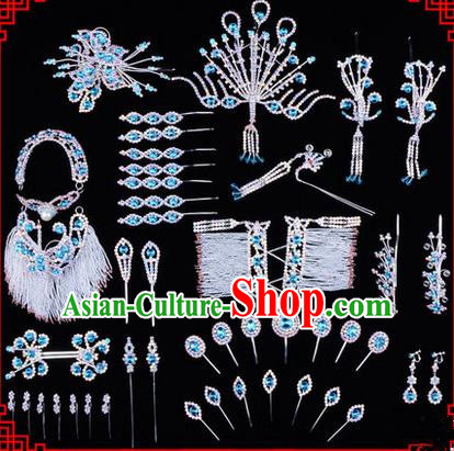 Chinese Ancient Peking Opera Head Accessories Diva Blue Crystal Hairpins, Traditional Chinese Beijing Opera Princess Hua Tan Hair Clasp Head-ornaments Complete Set