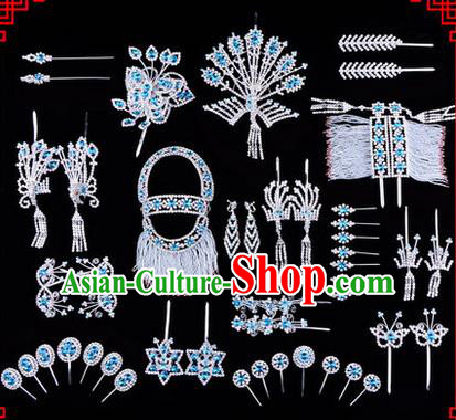 Chinese Ancient Peking Opera Head Accessories Diva Blue Crystal Phoenix Coronet Hairpins, Traditional Chinese Beijing Opera Princess Hua Tan Hair Clasp Head-ornaments Complete Set