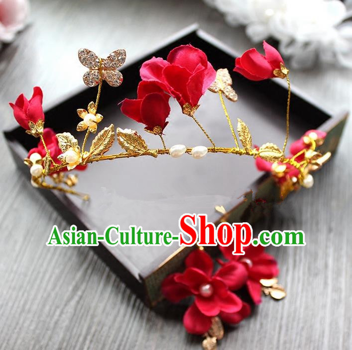 Top Grade Handmade Wedding Bride Hair Accessories Luxury Red Flowers Crown and Earrings, Traditional Baroque Princess Royal Crown Wedding Headwear for Women