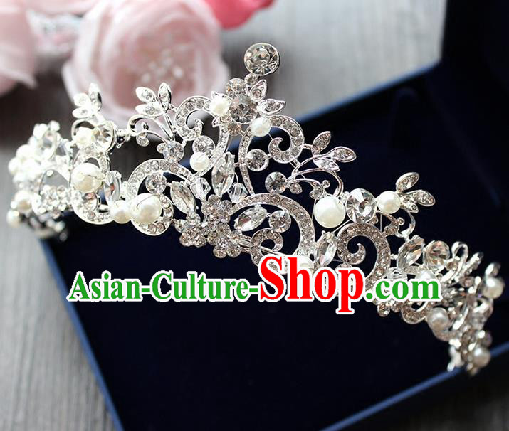 Top Grade Handmade Wedding Hair Accessories Bride Luxury Crystal Crown, Traditional Baroque Princess Pearl Royal Crown Wedding Headwear for Women