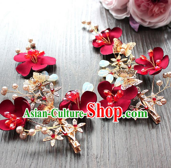 Top Grade Handmade Wedding Bride Hair Accessories Headwear Red Flowers Hair Stick, Traditional Princess Baroque Headpiece for Women