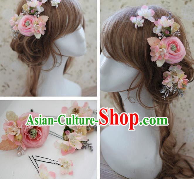 Top Grade Handmade Wedding Bride Hair Accessories Headwear Pink Peach Flower Hairpins, Traditional Princess Baroque Headpiece for Women