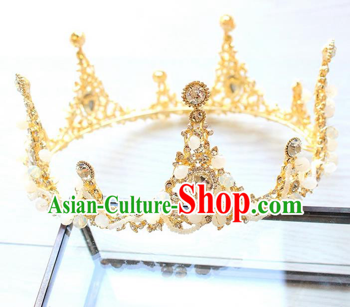 Top Grade Handmade Wedding Hair Accessories Bride Luxury Crystal Round Golden Crown, Traditional Baroque Princess Royal Crown Wedding Headwear for Women