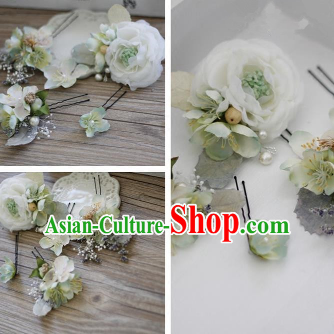 Top Grade Handmade Wedding Bride Hair Accessories Headwear White Peach Flower Hairpins, Traditional Princess Baroque Headpiece for Women