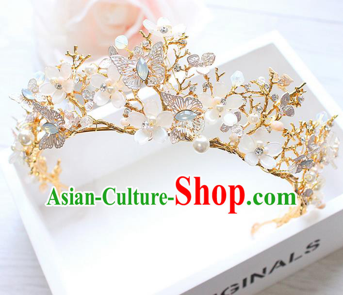 Top Grade Handmade Wedding Hair Accessories Bride Luxury Crystal Butterfly Golden Crown, Traditional Baroque Princess Royal Crown Wedding Headwear for Women