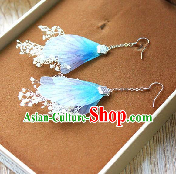 Top Grade Handmade China Wedding Bride Accessories Blue Wing Earrings, Traditional Princess Wedding Earbob Jewelry for Women