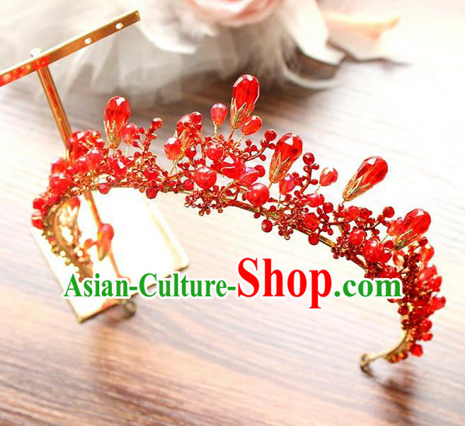 Top Grade Handmade Wedding Hair Accessories Bride Red Crystal Hair Clasp, Traditional Baroque Princess Royal Crown Wedding Headwear for Women