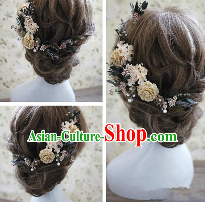 Top Grade Handmade Wedding Bride Hair Accessories Beige Flowers Headwear, Traditional Princess Baroque Hair Stick Headpiece Hairpins Complete Set for Women