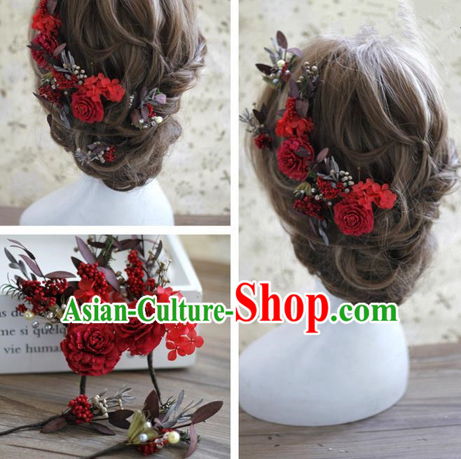 Top Grade Handmade Wedding Bride Hair Accessories Red Flowers Headwear, Traditional Princess Baroque Hair Stick Headpiece Hairpins Complete Set for Women