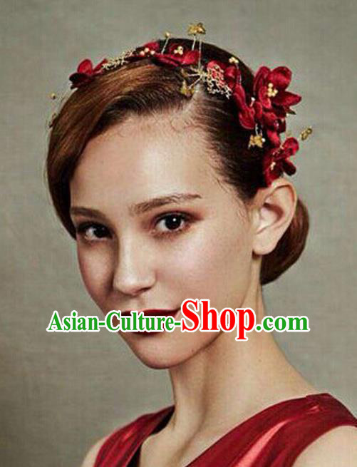 Top Grade Handmade Wedding Bride Hair Accessories Red Flowers Hair Clasp, Traditional Princess Baroque Hair Clips Headpiece for Women