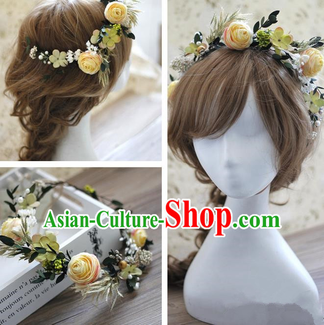 Top Grade Handmade Wedding Bride Hair Accessories Yellow Rose Flowers Headwear, Traditional Princess Baroque Hair Stick Headpiece Hairpins Complete Set for Women