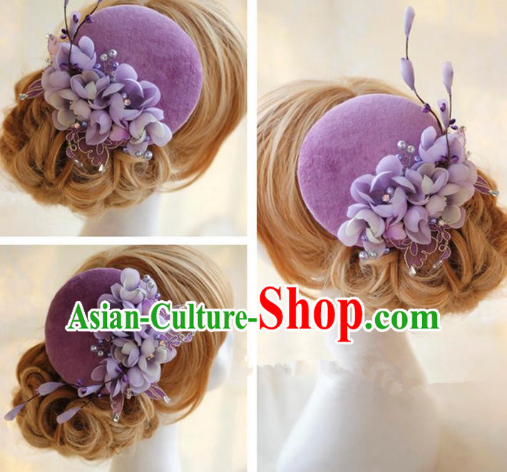 Top Grade Handmade Wedding Bride Hair Accessories Hat, Traditional Princess Baroque Purple Flowers Top Hat Headpiece for Women