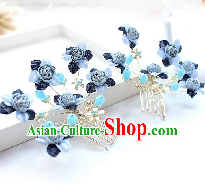 Top Grade Handmade Wedding Bride Hair Accessories Blue Flowers Hair Combs, Traditional Princess Baroque Hair Stick Headpiece for Women