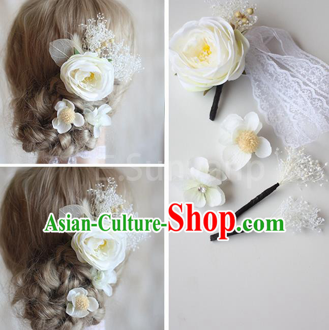 Top Grade Handmade Wedding Bride Hair Accessories White Flowers Hair Clips Complete Set, Traditional Princess Baroque Hair Stick Headpiece for Women