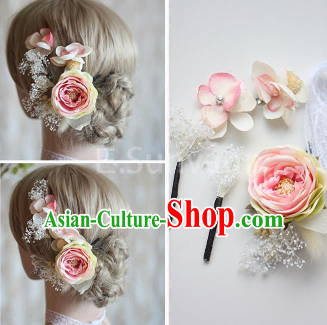 Top Grade Handmade Wedding Bride Hair Accessories Pink Flowers Hair Clips Complete Set, Traditional Princess Baroque Hair Stick Headpiece for Women