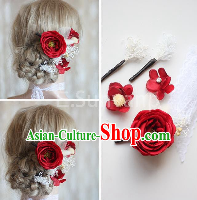 Top Grade Handmade Wedding Bride Hair Accessories Red Flowers Hair Clips Complete Set, Traditional Princess Baroque Hair Stick Headpiece for Women