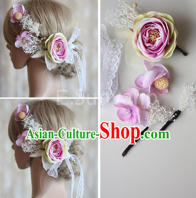 Top Grade Handmade Wedding Bride Hair Accessories Pink Flowers Hair Clips Complete Set, Traditional Princess Baroque Hair Stick Headpiece for Women