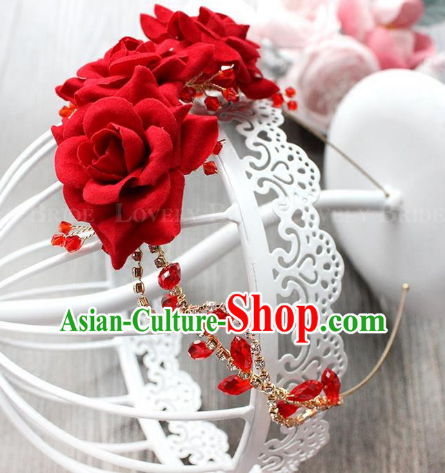 Top Grade Handmade Wedding Bride Hair Accessories Red Flowers Headband, Traditional Princess Baroque Rose Hair Clasp Headpiece for Women