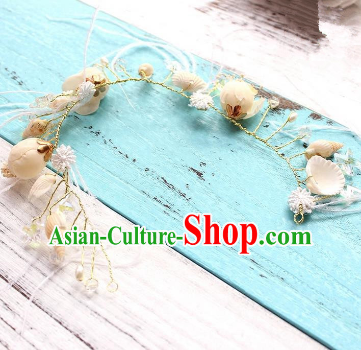 Top Grade Handmade Wedding Bride Hair Accessories Beige Shell Headband, Traditional Princess Baroque Hair Clasp Headpiece for Women