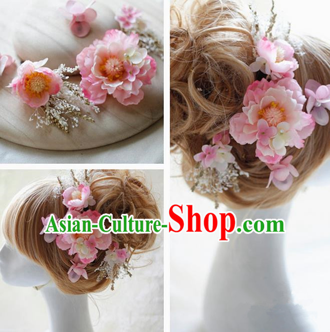 Top Grade Handmade Wedding Bride Hair Accessories Pink Silk Flower Hair Stick Complete Set, Traditional Princess Baroque Hairpins Headpiece for Women