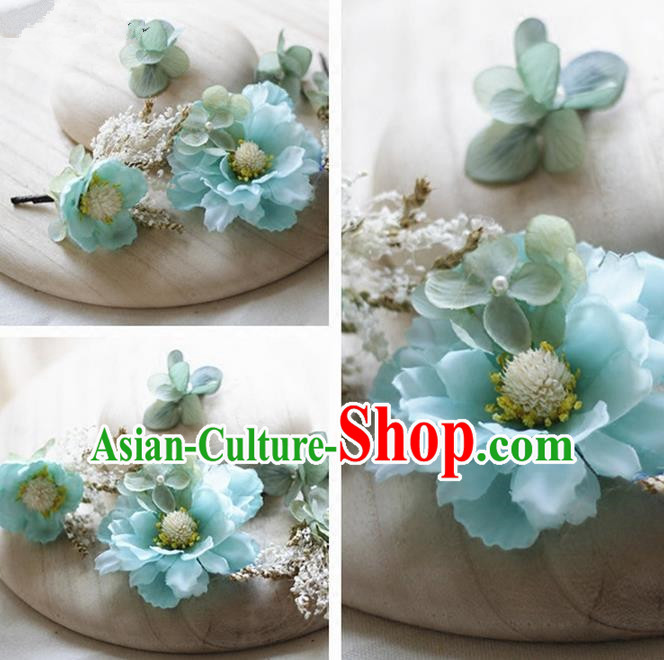 Top Grade Handmade Wedding Bride Hair Accessories Blue Silk Flower Hair Stick Complete Set, Traditional Princess Baroque Hairpins Headpiece for Women
