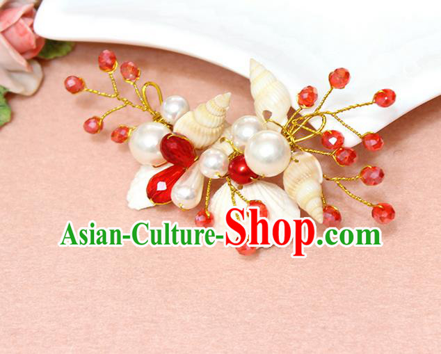 Top Grade Handmade Wedding Bride Hair Accessories Pearl Shell Hair Claws, Traditional Princess Baroque Red Beads Hair Stick Headpiece for Women