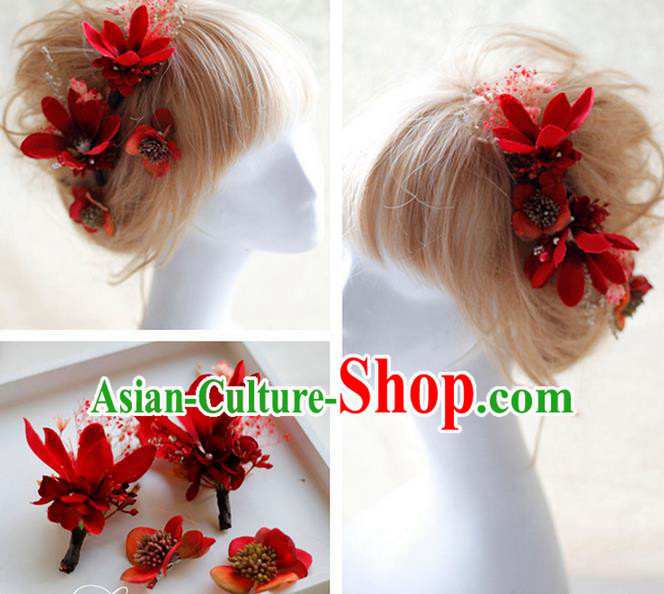 Top Grade Handmade Wedding Bride Hair Accessories Red Flowers Hair Claws, Traditional Princess Baroque Hairpin Headpiece for Women