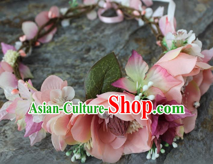 Top Grade Handmade Wedding Bride Hair Accessories Pink Flowers Garland, Traditional Princess Baroque Hair Clips Headpiece for Women