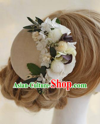 Top Grade Handmade Wedding Bride Hair Accessories Beige Flowers Hats, Traditional Princess Baroque Top Hat Headpiece for Women