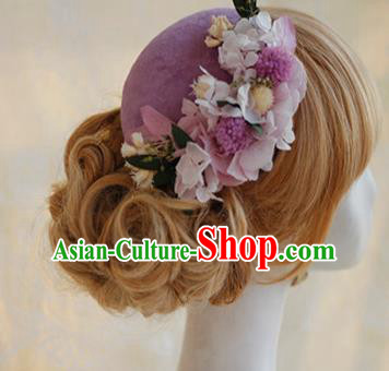 Top Grade Handmade Wedding Bride Hair Accessories Purple Flowers Hats, Traditional Princess Baroque Top Hat Headpiece for Women