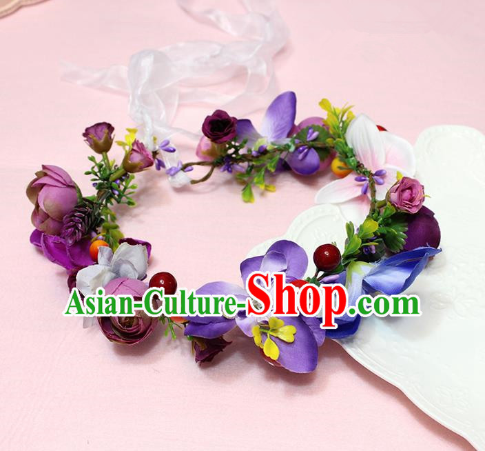 Top Grade Handmade Wedding Hair Accessories Bride Purple Flowers Garland, Traditional Princess Baroque Hair Clips Headpiece for Women