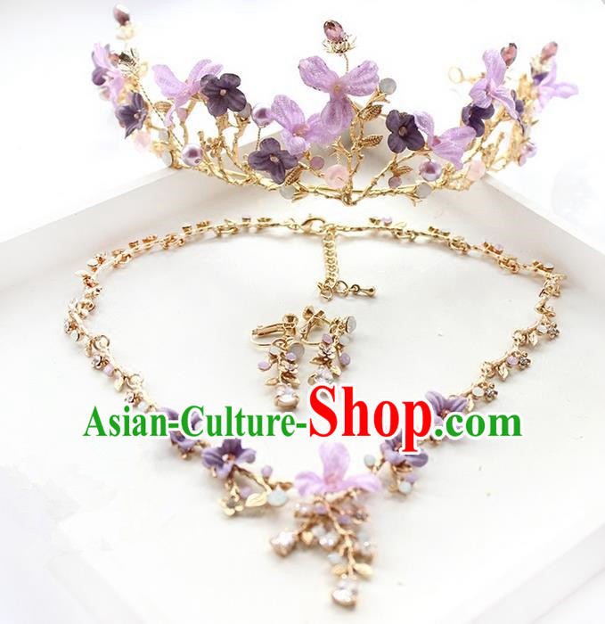 Top Grade Handmade Wedding Hair Accessories Bride Luxury Purple Flowers Crown and Necklace Earrings Complete Set, Traditional Baroque Royal Crown Wedding Headwear for Women