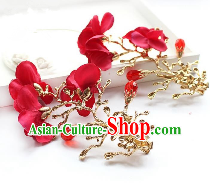 Top Grade Handmade Wedding Bride Hair Accessories Red Flowers Hair Stick, Traditional Princess Baroque Hair Clips Headpiece for Women