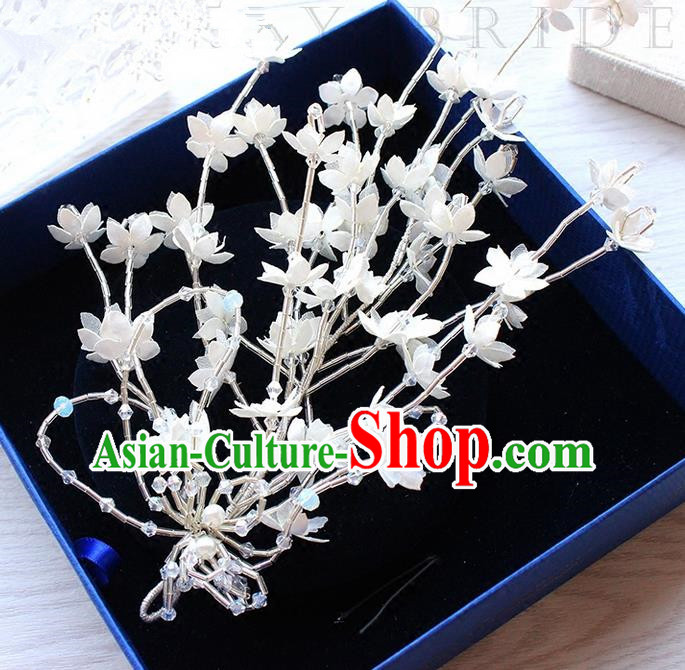 Top Grade Handmade Wedding Bride Hair Accessories White Flowers Headwear, Traditional Princess Baroque Hair Stick Headpiece for Women