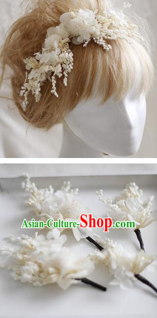 Top Grade Handmade Wedding Bride Hair Accessories White Flowers Headwear, Traditional Princess Baroque Hair Stick Headpiece Hairpins Complete Set for Women