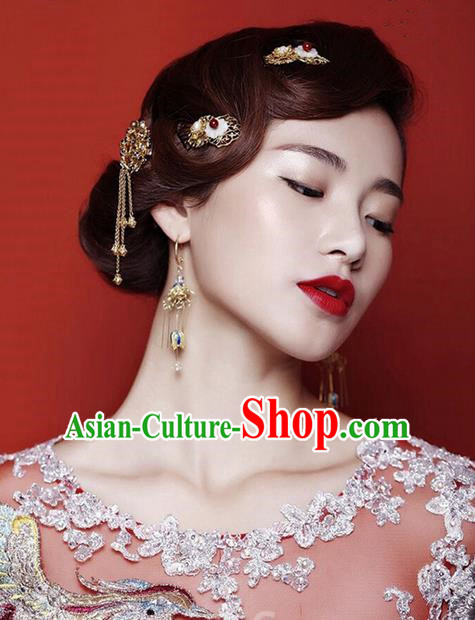 Top Grade Chinese Handmade Wedding Jade Hair Accessories Complete Set, Traditional China Xiuhe Suit Bride Tassel Hairpins Headwear for Women