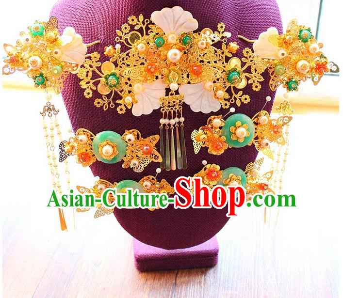 Top Grade Chinese Handmade Wedding Jade Hair Accessories Complete Set, Traditional China Xiuhe Suit Bride Phoenix Coronet Tassel Hairpins Headwear for Women