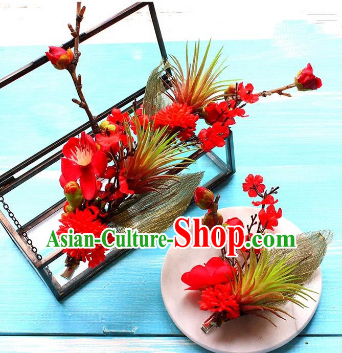 Top Grade Handmade Wedding Bride Hair Accessories Red Flowers Hair Stick, Traditional Princess Baroque Hair Claws Headpiece for Women