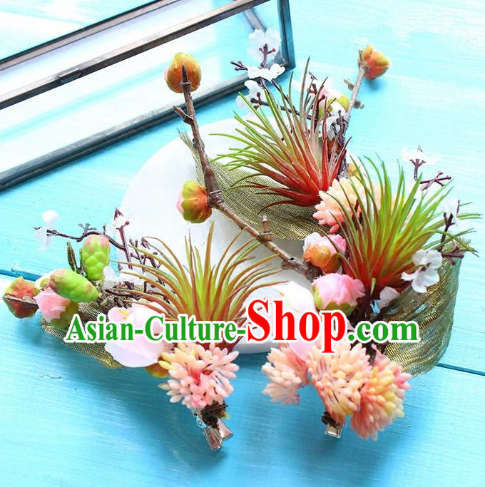 Top Grade Handmade Wedding Bride Hair Accessories Pink Flowers Hair Stick, Traditional Princess Baroque Hair Claws Headpiece for Women