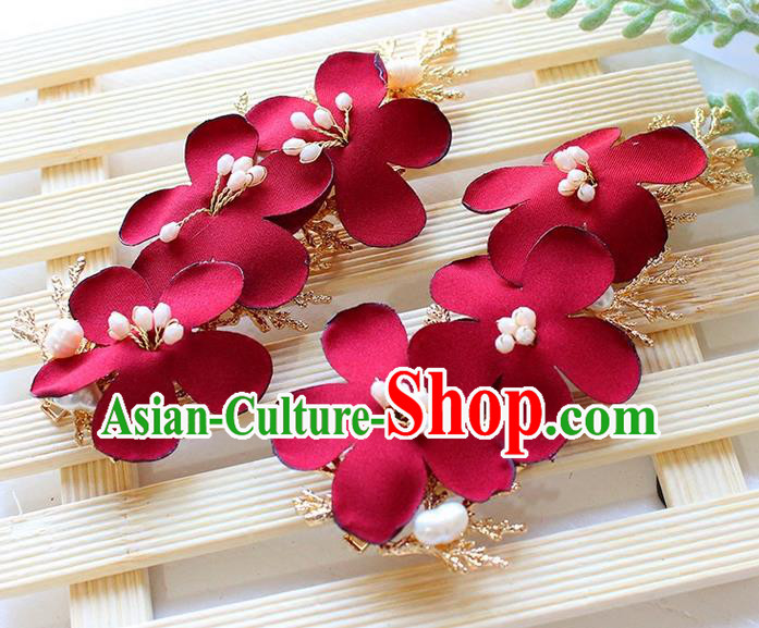 Top Grade Handmade Wedding Bride Hair Accessories Red Flowers Hair Clips, Traditional Princess Baroque Hair Claws Headpiece for Women