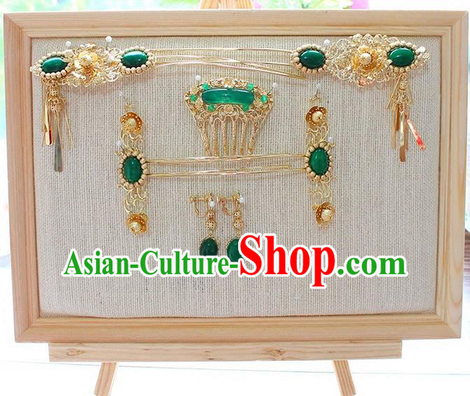 Top Grade Chinese Handmade Wedding Green Jade Hair Accessories Complete Set, Traditional China Xiuhe Suit Bride Phoenix Coronet Tassel Hairpins Headwear for Women